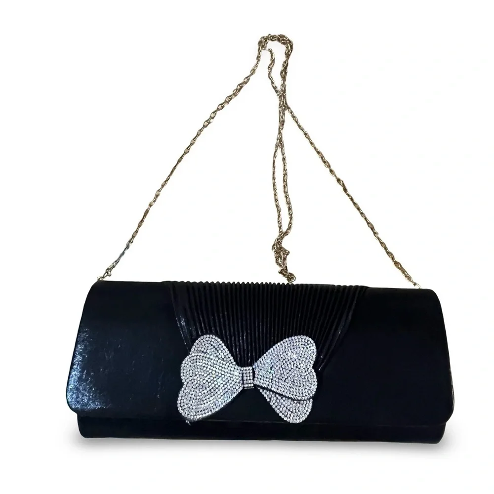 Black Rhinestone Bow Evening Clutch with Chain Gold Chain Strap
